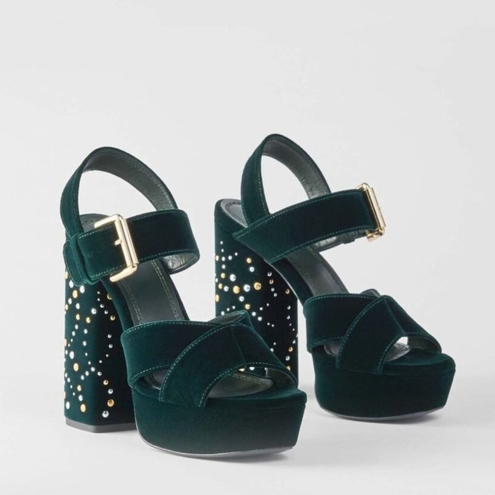 MAJE Studded Dark Green Velvet Platform Sandals